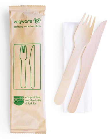 Compostable Wooden Knife and Fork Kit - Wrapped
