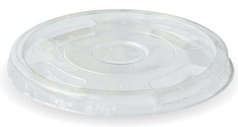 Compostable BioCup Clear PLA Flat Lids For Standard Cold Drinks Cups - With Straw Slot (96mm Diameter)