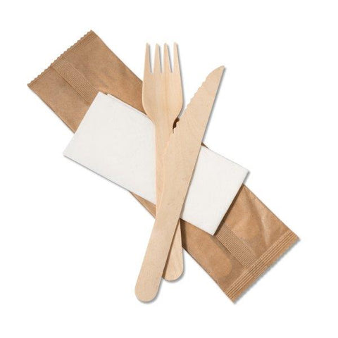 Compostable Wooden Cutlery Pack - Fork, Knife & Napkin