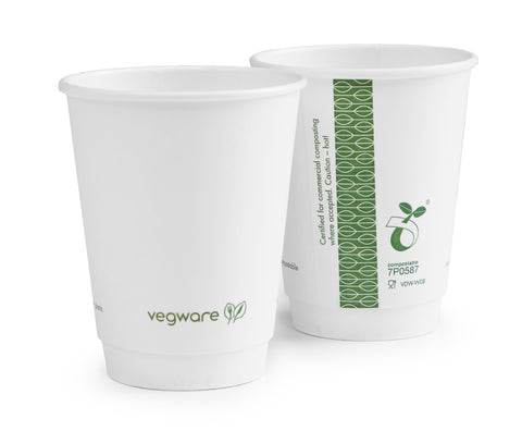 Compostable White Vegware Double Wall Economy Coffee Cups - 8oz