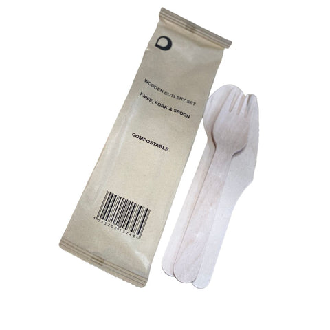 Compostable Wooden Fork, Knife & Spoon Kit